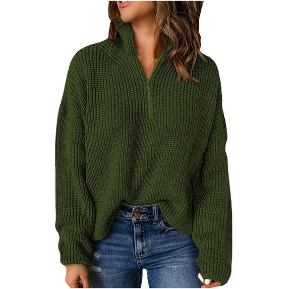 ShomPort Women's Fall Fashion Solid Color Long Sleeve V-Neck Sweater Half Zip Knit Pullover Tops