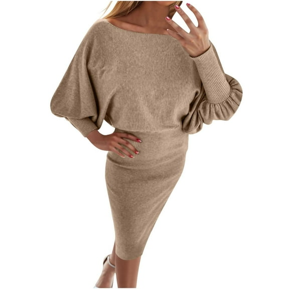 ShomPort Women's Fall Long Sleeve Dress Trendy Crew Neck Stretch Slim Solid Color Mini Dresses S-3XL