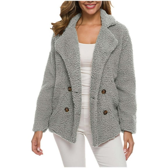 ShomPort Women's Fall Long Sleeve Lapel Double Breasted Fuzzy Coat Winter Casual Cozy Warm Fleece Jackets