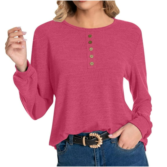 ShomPort Women's Fall Long Sleeve T-Shirt Casual Crew Neck Button Tunic Tops Solid Color Going Out Tees