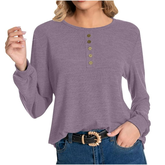 ShomPort Women's Fall Long Sleeve T-Shirt Casual Crew Neck Button Tunic Tops Solid Color Going Out Tees