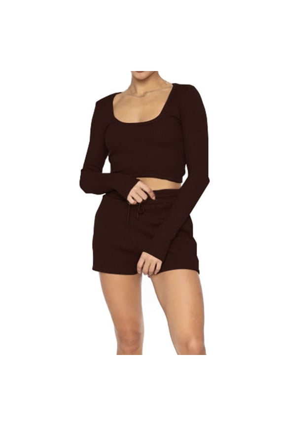 Women's Fall Ribbed Knit Lounge Sets U-Neck Cropped Pullover Tops with Shorts Tracksuit Sets