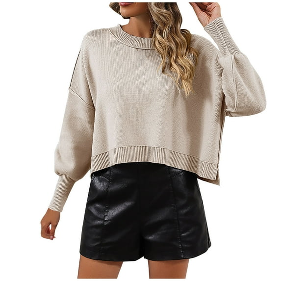 ShomPort Women's Fall Sweaters Puff Long Sleeve Round Neck Solid Color Knitted Pullover Jumper