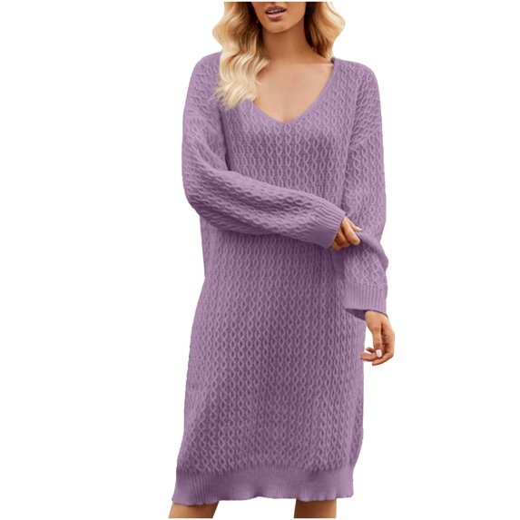 ShomPort Women's Fall V-Neck Long Sleeve Cable Knit Mini Dresses Elegant Slim Sweater Dress