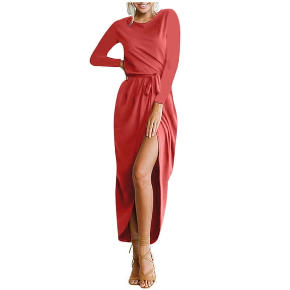ShomPort Women's Fall Wedding Guest Dress Crew Neck Long Dress Elegant Long Sleeve Split Bodycon Maxi Dresses