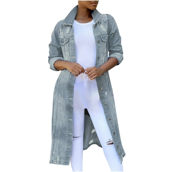 ShomPort Women's Fashion Fall Button down Midi Long Denim Jean Jacket Long Sleeve Trench Coat