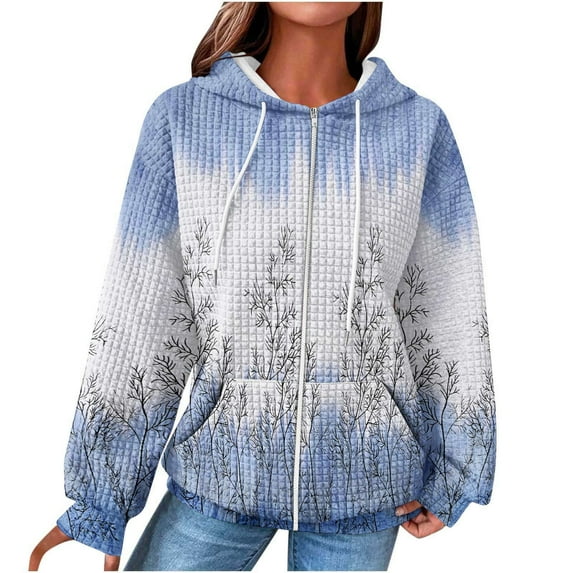 ShomPort Women's Fashion Zip up Hoodies Casual Loose Long Sleeve Graphic Print Sweatshirt with Pockets (Blue 32)