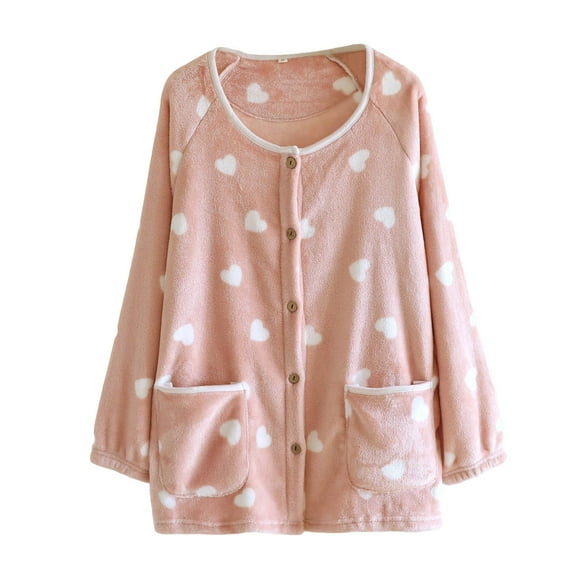 ShomPort Women's Flannel Nightgown Heart Pattern Button Long Length Crewneck Cute Pajamas Fall Winter Outcoat with Pockets