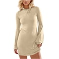 thumbnail image 1 of ShomPort Women's Flared Long Sleeve Dress Soft Mock Neck Slim Dress Bodycon Mini Dresses, 1 of 1