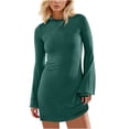 thumbnail image 1 of ShomPort Women's Flared Long Sleeve Dress Soft Mock Neck Slim Dress Bodycon Mini Dresses, 1 of 1