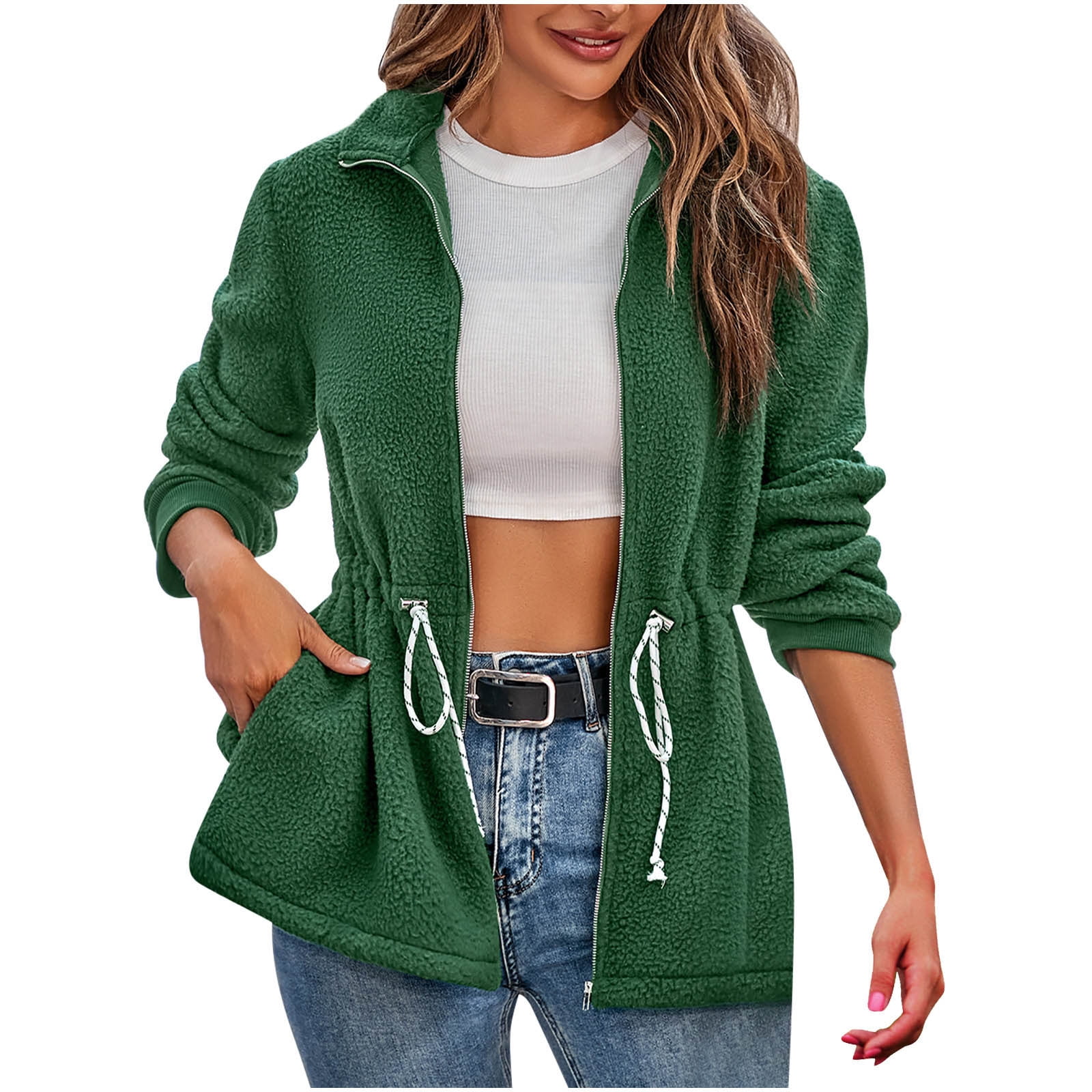 ShomPort Women's Fleece Jacket Full Zip Drawstring Waist