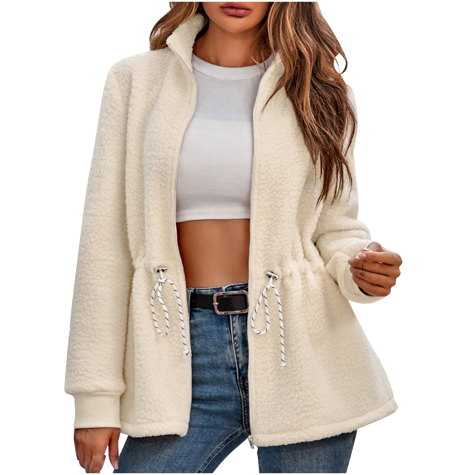 ShomPort Women's Fleece Jacket Full Zip Drawstring Waist Fuzzy Winter Warm  Casual Coat Long Sleeve Outerwear