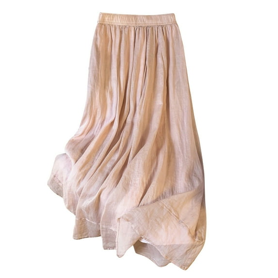 ShomPort Women's Flowy Cotton Linen Skirt Trendy Plain High Waist Double A-Line Midi Skirts