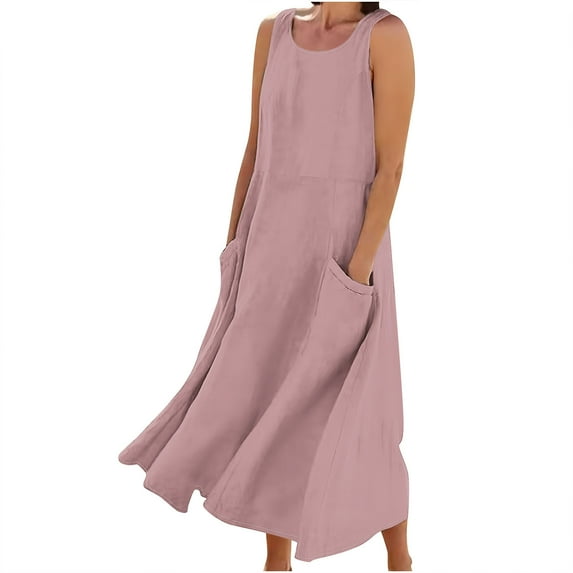 ShomPort Women's Flowy Maxi Dress Summer Loose Round Neck Sleeveless Solid Color Casual Dress with Pockets