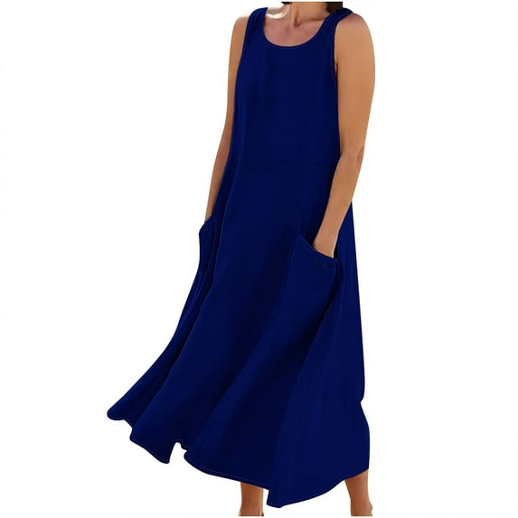 ShomPort Women's Flowy Maxi Dress Summer Loose Round Neck Sleeveless Solid Color Casual Dress with Pockets
