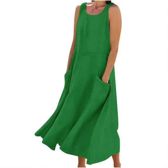 ShomPort Women's Flowy Maxi Dress Summer Loose Round Neck Sleeveless Solid Color Casual Dress with Pockets