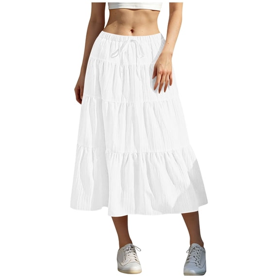 ShomPort Women's Flowy Midi Skirt Casual Daily Elastic Drawstring Mid Waist Ruffle Summer Boho Long Skirts