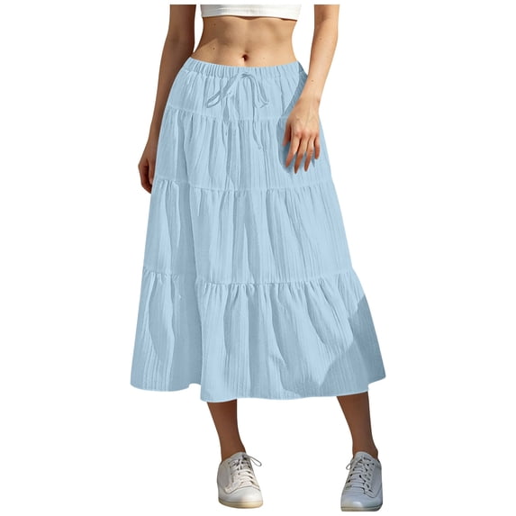 ShomPort Women's Flowy Midi Skirt Casual Daily Elastic Drawstring Mid Waist Ruffle Summer Boho Long Skirts