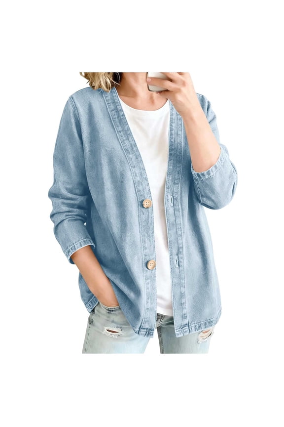 Womens Denim Cardigan Button Front Casual Relaxed Fitted Long Sleeve Lightweight Breathable V Neck Jackets
