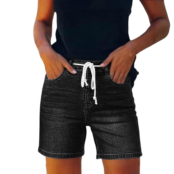 ShomPort Women's High Waisted Jean Shorts Pull On Drawstring Casual Denim Summer Shorts with Pockets