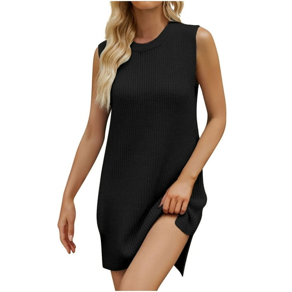ShomPort Women's Knit Dresses Sleeveless Round Neck Knee Length Split Hem Sweater Dresses with Belt