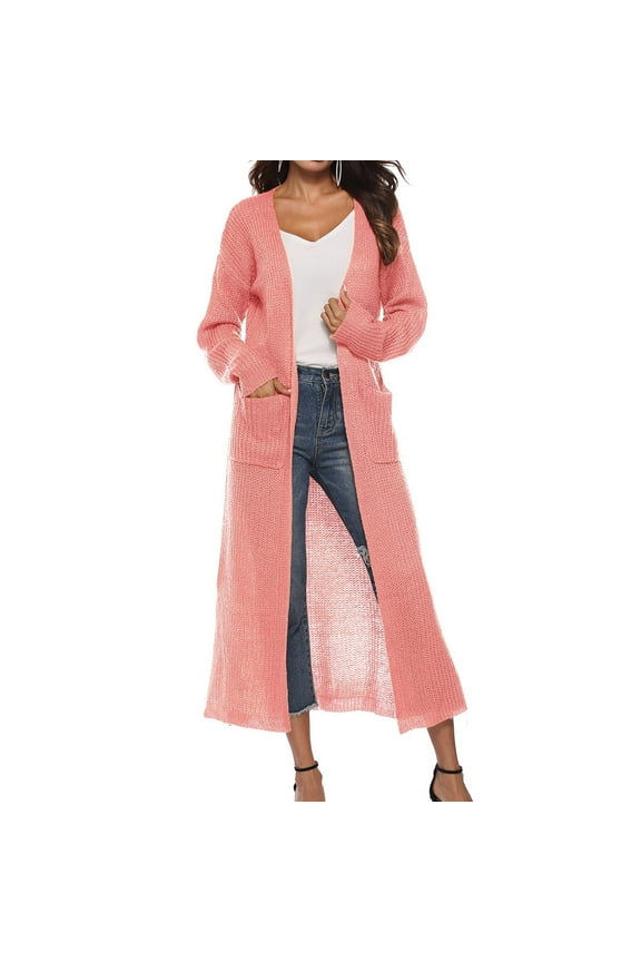 Women's Knit Long Cardigan Front Open Long Sleeve Split Sweater Coat with Pockets