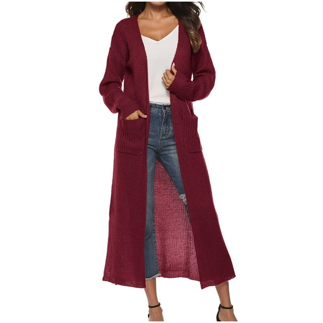 ShomPort Women's Knit Long Cardigan Front Open Long Sleeve Split Sweater Coat with Pockets