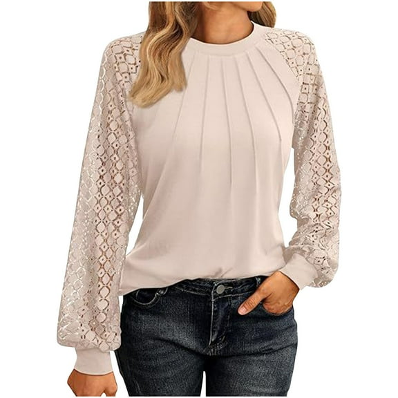 ShomPort Women's Lace Long Sleeve Tops Dressy Casual Blouses Crew Neck Front Pleated Work Shirts Fall