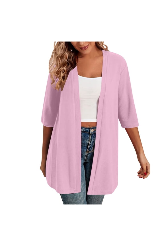 Women's Lightweight 3/4 Sleeve Cardigan Casual Front Open Solid Color Mid-Length Blouse Outerwear