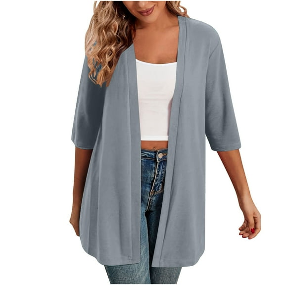 ShomPort Women's Lightweight 3/4 Sleeve Cardigan Casual Front Open Solid Color Mid-Length Blouse Outerwear