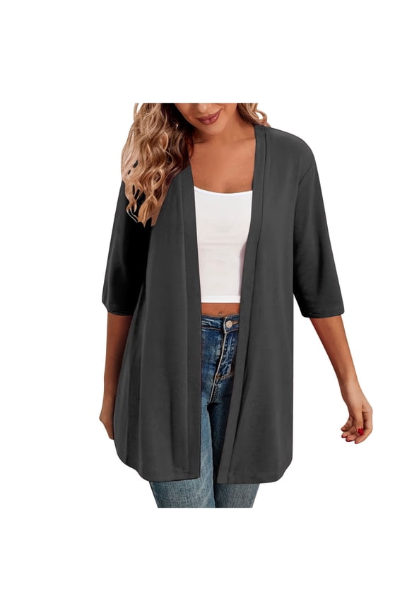 Women's Lightweight 3/4 Sleeve Cardigan Casual Front Open Solid Color Mid-Length Blouse Outerwear