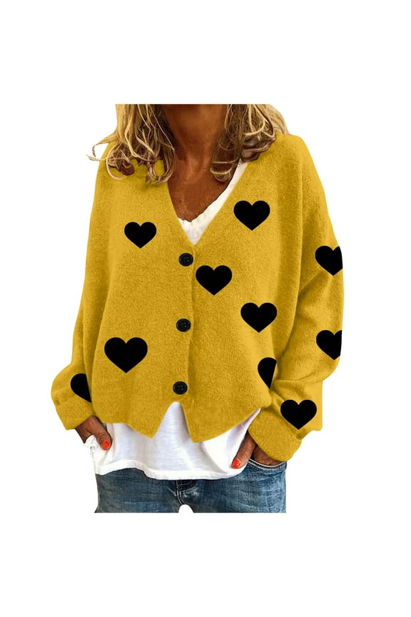 Women's Lightweight Cardigan Sweater Heart Printed Long Sleeve Coats Fall Winter Warm Sweaters For Women