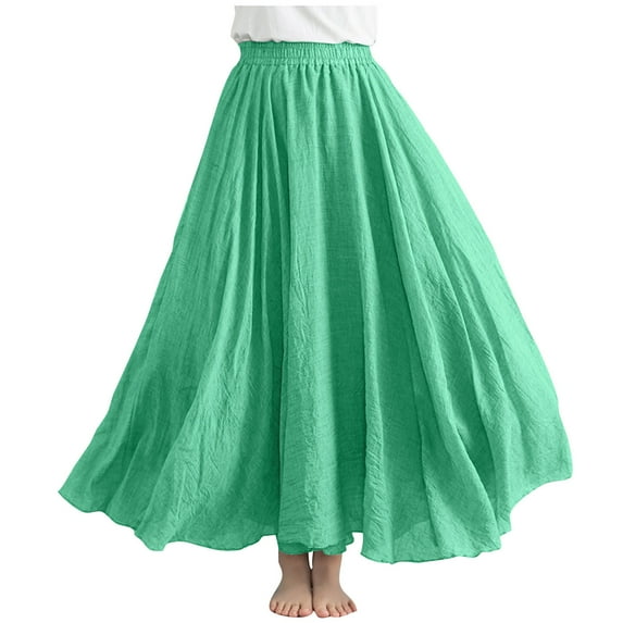 ShomPort Women's Linen Skirts Summer Elastic High Waist Flowy Maxi Skirts Dance Vacation Skirts