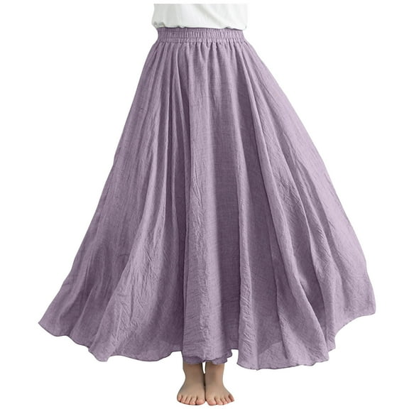 ShomPort Women's Linen Skirts Summer Elastic High Waist Flowy Maxi Skirts Dance Vacation Skirts