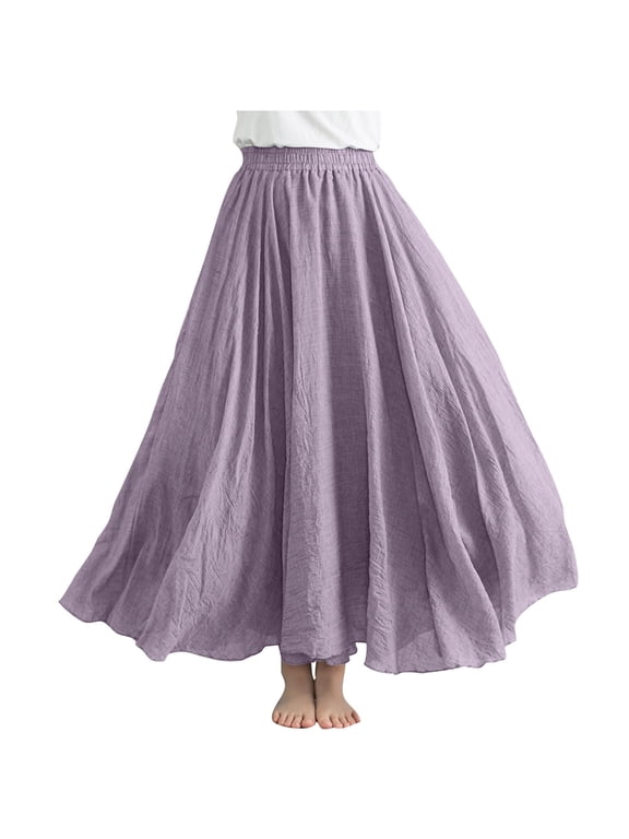 Women's Linen Skirts Summer Elastic High Waist Flowy Maxi Skirts Dance Vacation Skirts