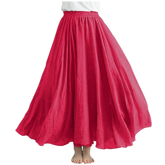 ShomPort Women's Linen Skirts Summer Elastic High Waist Flowy Maxi Skirts Dance Vacation Skirts