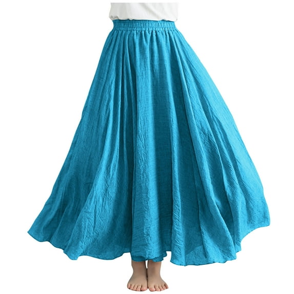 ShomPort Women's Linen Skirts Summer Elastic High Waist Flowy Maxi Skirts Dance Vacation Skirts