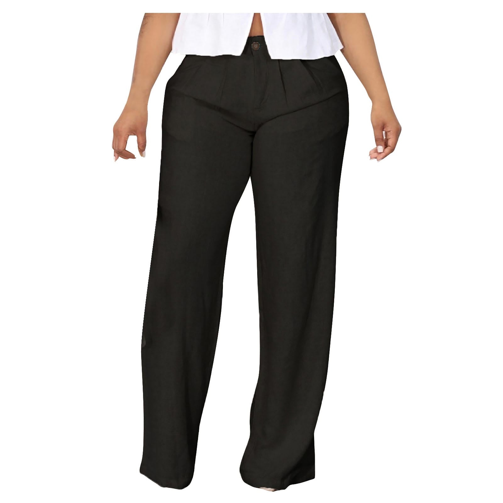 ShomPort Women's Linen Work Pants Summer Back Elastic Waist Button Wide ...