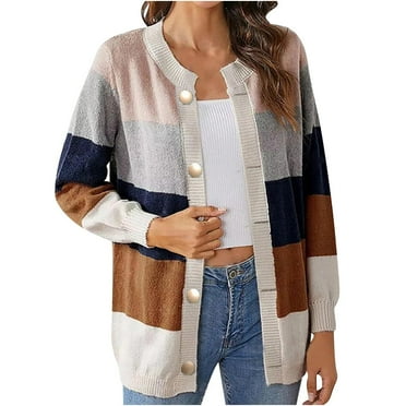 ShomPort Women's Long Sleeve Cardigan Front Open Striped Knit Cardigan Round Neck Button Down Jacket