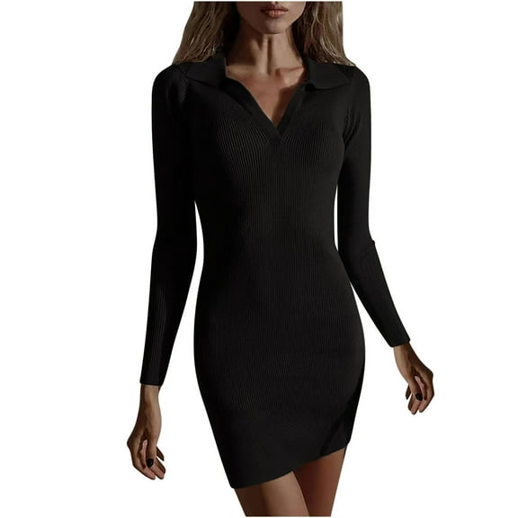 ShomPort Women's Long Sleeve Lapel Collar Mini Dress V-Neck Bodycon Split Dress Fall Ribbed Dress
