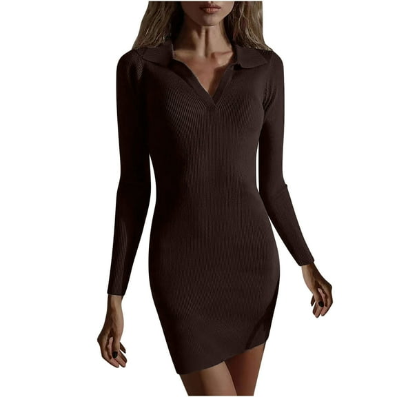 ShomPort Women's Long Sleeve Lapel Collar Mini Dress V-Neck Bodycon Split Dress Fall Ribbed Dress
