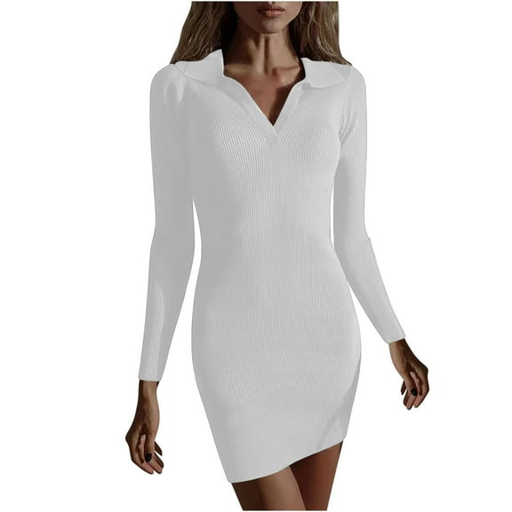 ShomPort Women's Long Sleeve Lapel Collar Mini Dress V-Neck Bodycon Split Dress Fall Ribbed Dress