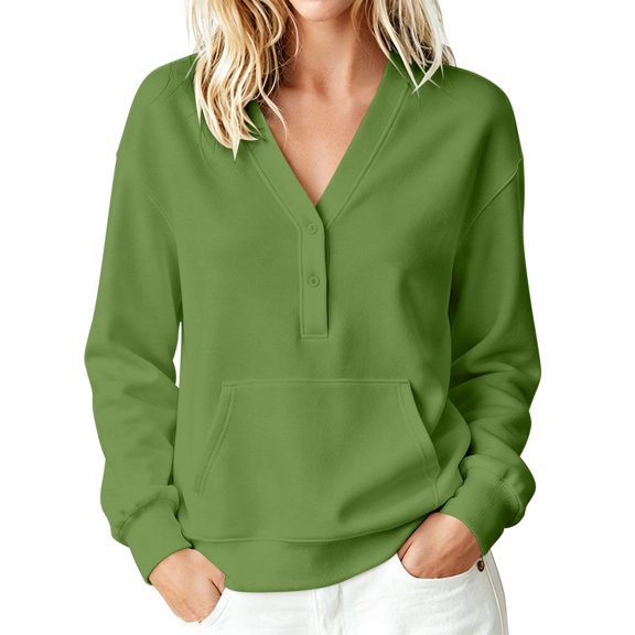 ShomPort Women's V Neck Sweatshirt Casual Solid Color Button up Long Sleeve Pocket Winter Fall Pullover Tops