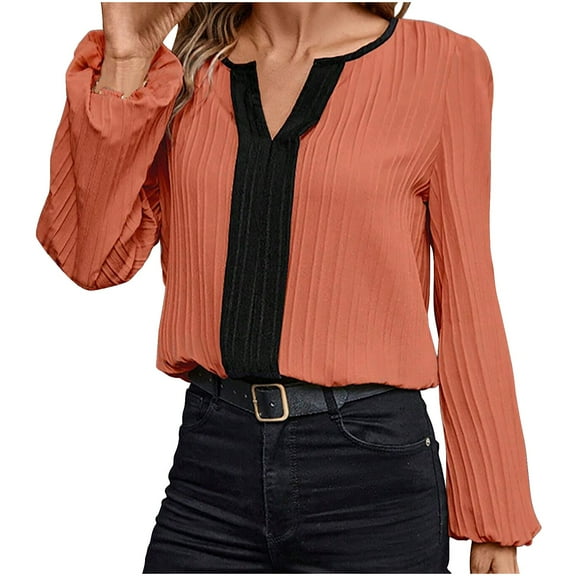 ShomPort Women's Long Sleeve Tops Fall Dressy V-Neck Ribbed Casual Work Office Shirts Blouses