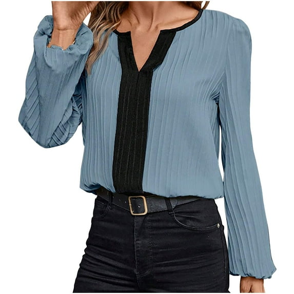 ShomPort Women's Long Sleeve Tops Fall Dressy V-Neck Ribbed Casual Work Office Shirts Blouses