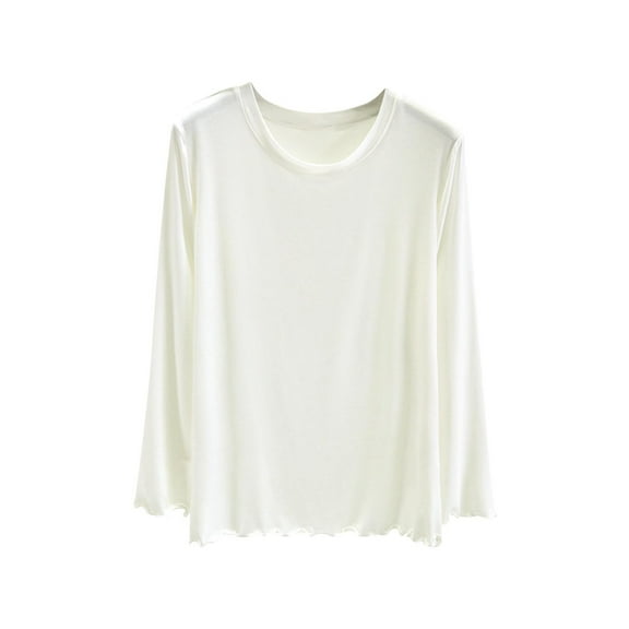ShomPort Women's Long Sleeve Tops Ruffle Trim Crew Neck Cotton Comfy Undershirt Solid Color Breathable Smoothing Tees Blouses