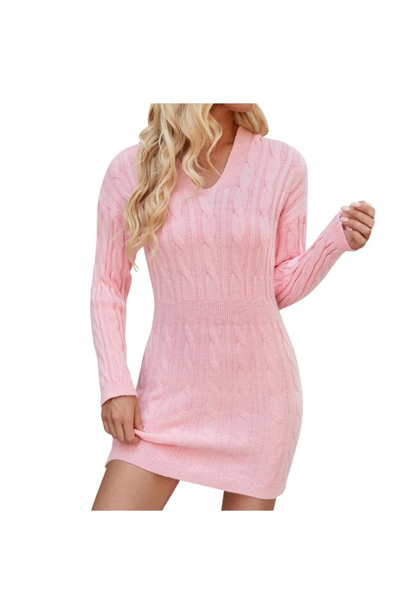 Women's Long Sleeve V Neck Cable Knit Wool Sweater Bodycon Mini Dress Fall Winter Clothes