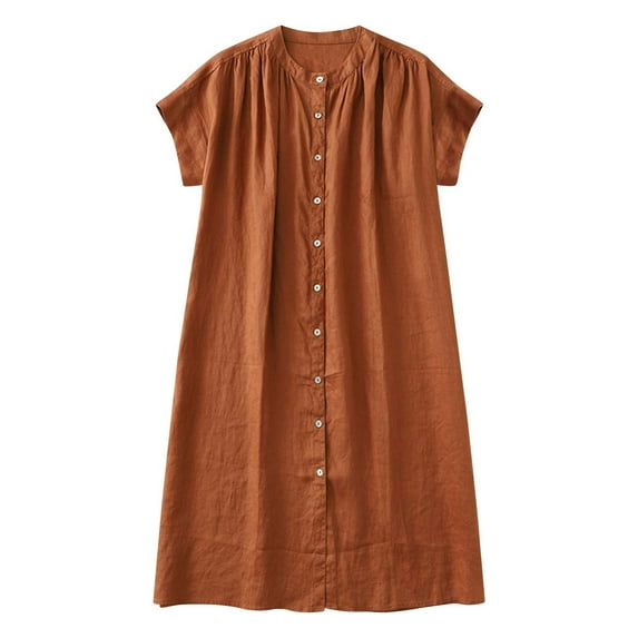ShomPort Women's Loose Midi Dress Summer Casual Round Neck Short Sleeve Button Down Shirt Dresses