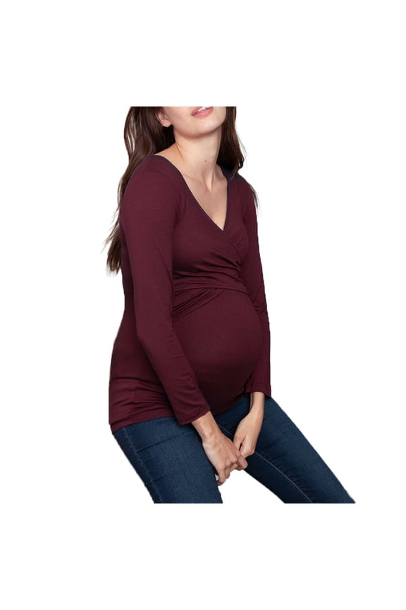 Women's Maternity Long Sleeve Nursing Tops Solid Color Wrap V Neck Slim Blouse Breathable Cross Over Pregnancy T-Shirt