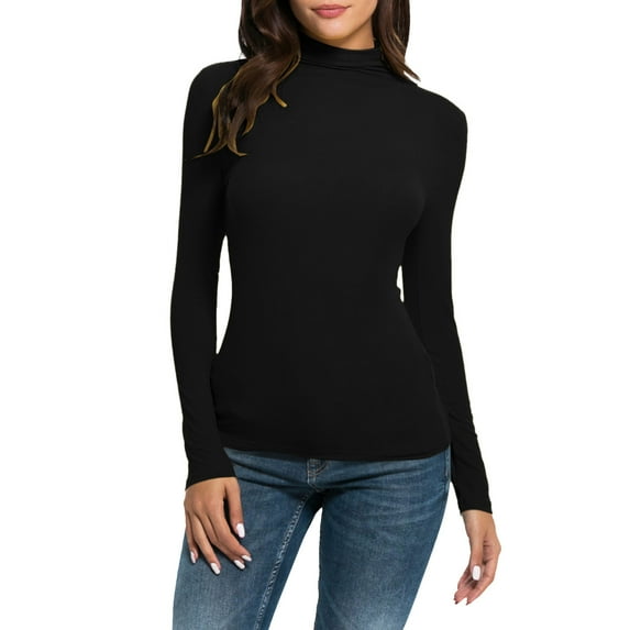 ShomPort Women's Mock Turtle Neck Slim Long Sleeve T Shirt Fall Fashion Tight Tops Tee (Black 26)